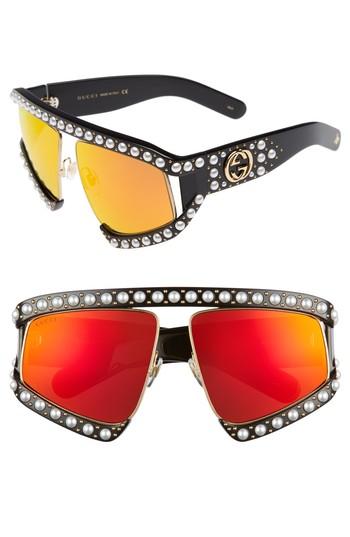 Women's Gucci 63mm Embellished Shield Sunglasses - Black/ Orange