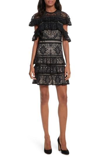 Women's Alice + Olivia Jolie Tiered Ruffle Lace Dress - Black