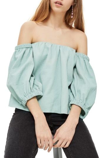 Women's Topshop Laundered Bardot Top Us (fits Like 0) - Green