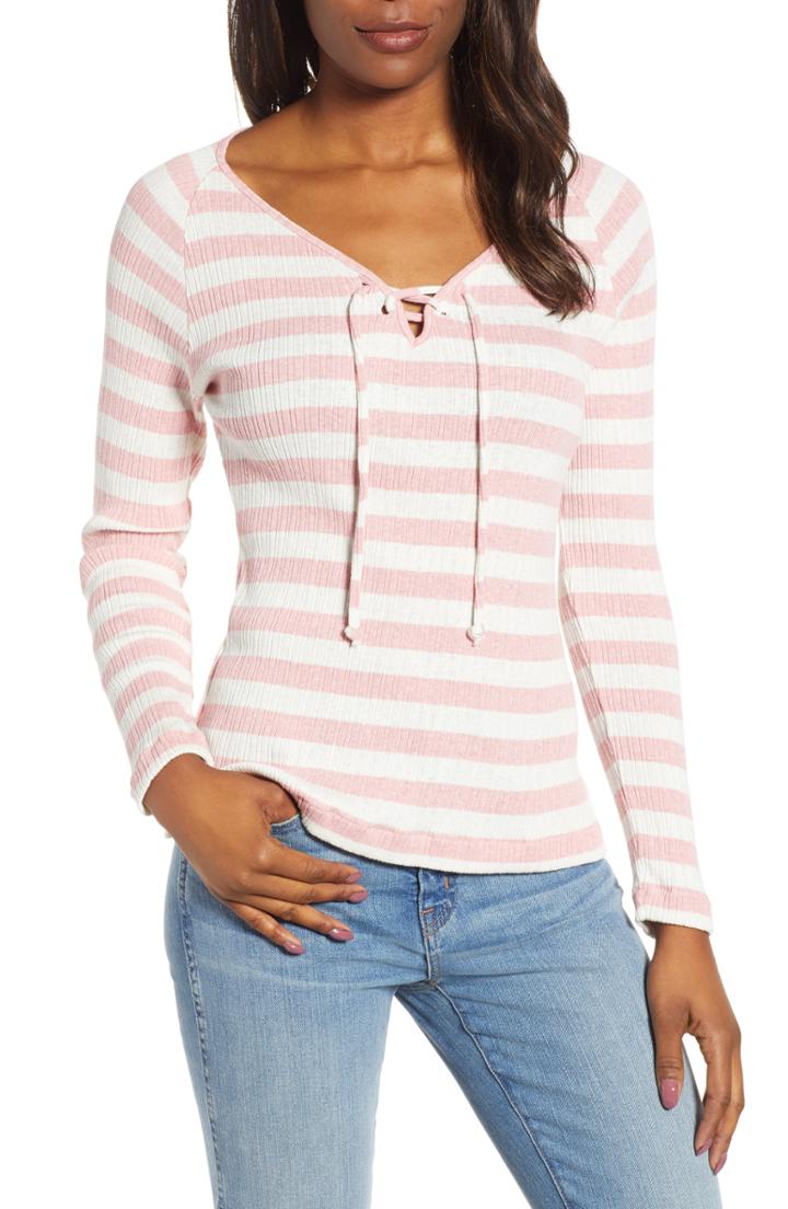 Women's Lucky Brand Stripe Henley Tee - Pink