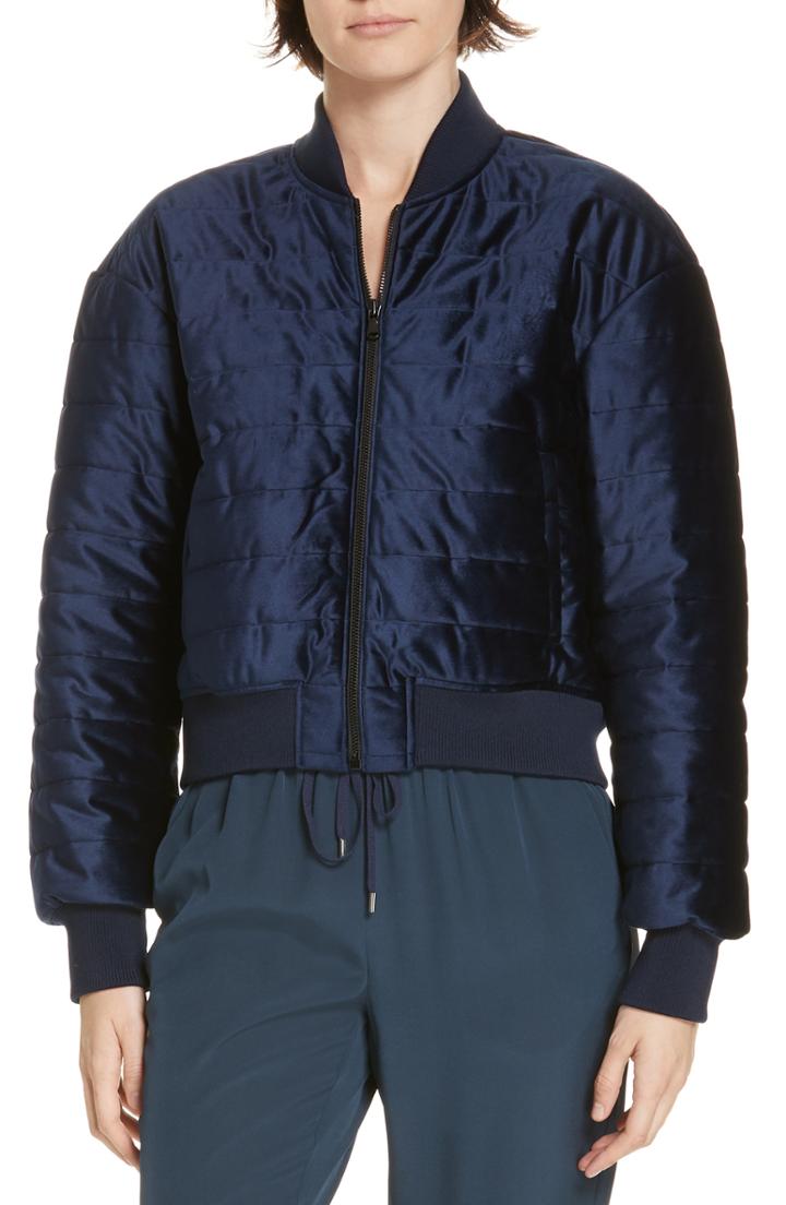 Women's Tibi Quilted Velvet Crop Bomber Jacket - Blue