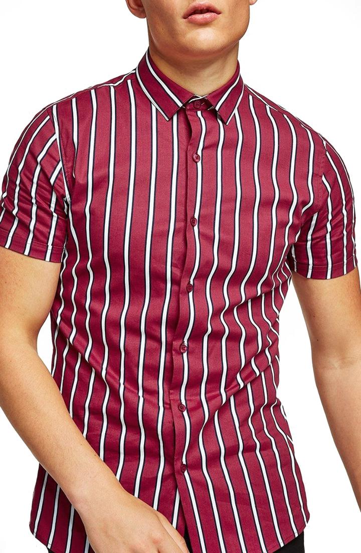 Men's Topman Muscle Fit Resort Stripe Shirt, Size - Burgundy