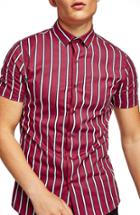 Men's Topman Muscle Fit Resort Stripe Shirt, Size - Burgundy