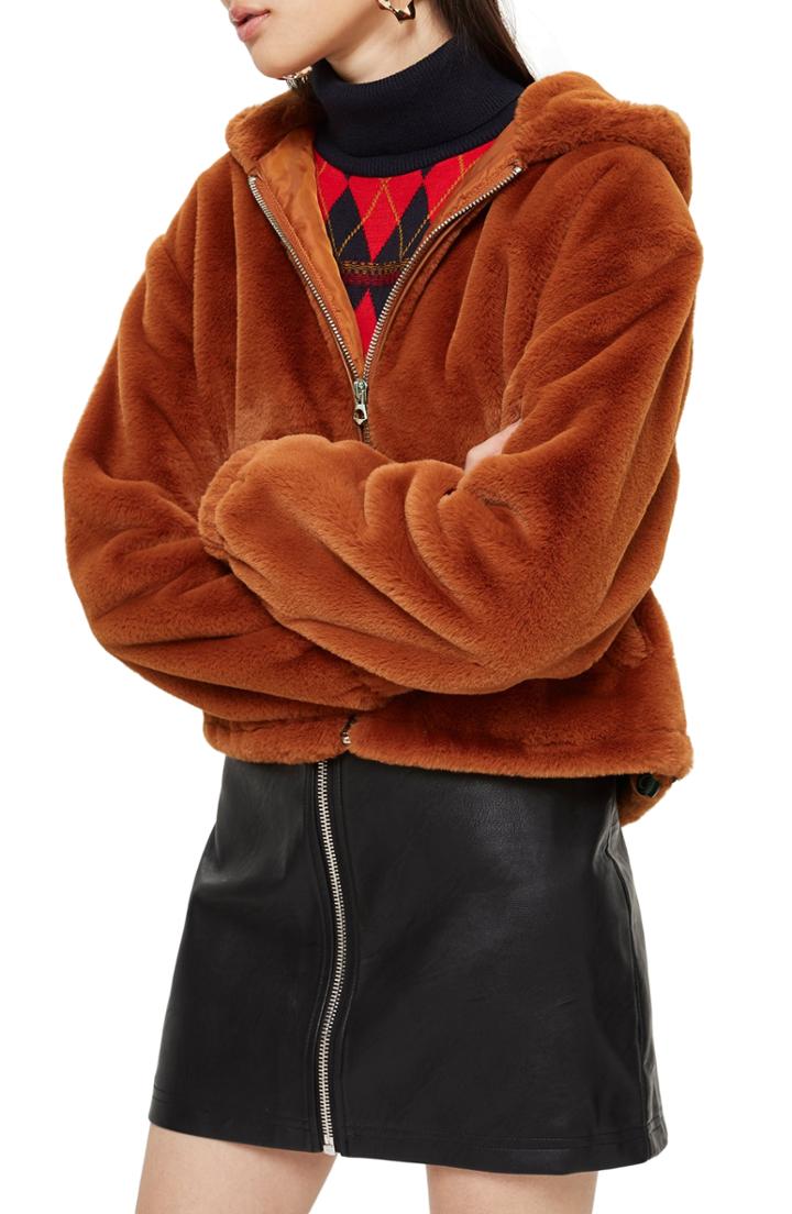 Women's Topshop Faux Fur Zip Hoodie Us (fits Like 10-12) - Brown