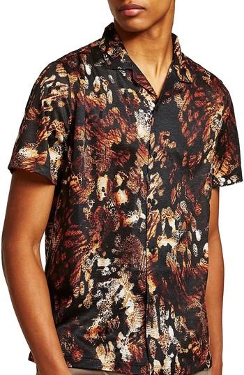 Men's Topman Animal Jacquard Print Camp Shirt - Black