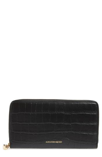 Women's Alexander Mcqueen Croc Embossed Goatskin Continental Wallet - Black
