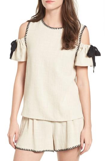 Women's Moon River Blanket Stitch Cold Shoulder Top - Beige