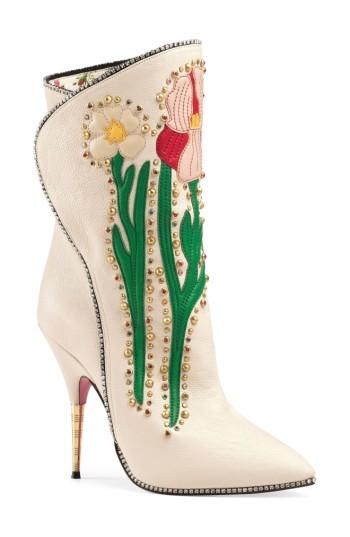 Women's Gucci Fosca Floral Embellished Pointy Toe Boot .5us / 37.5eu - White