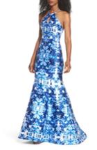 Women's Xscape Mirror Pattern Halter Mermaid Gown - Blue