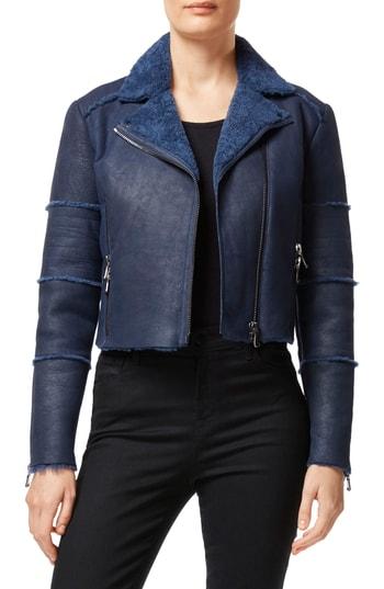 Women's J Brand Aiah Lambskin Leather Moto Jacket With Genuine Shearling Trim - Blue