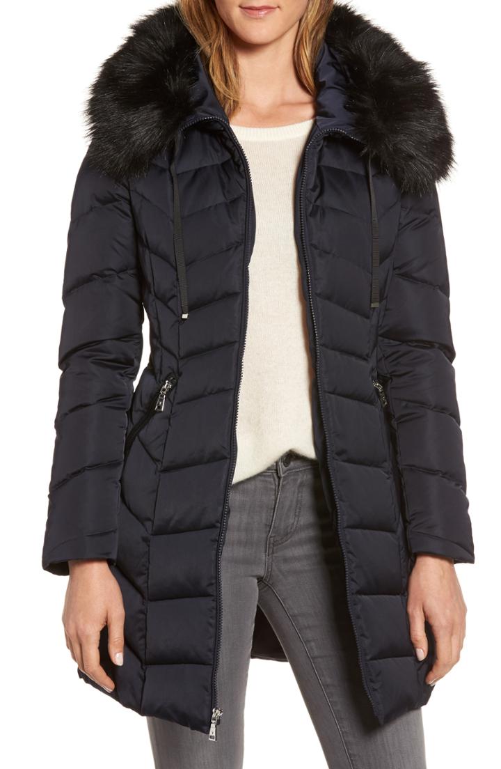 Women's Tahari Gwen Chevron Down & Feather Faux Fur Coat - Blue