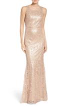 Women's Wtoo Sequin Embroidered Cowl Back A-line Gown - Beige