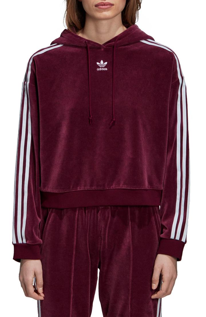 Women's Adidas Crop Velour Hoodie - Red