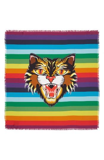 Women's Gucci Crazy Tiger Square Silk Scarf, Size - Blue