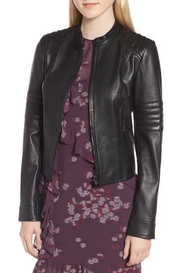 Women's Lewit Quilted Sleeve Leather Biker Jacket - Black