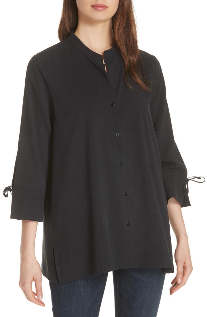 Women's Eileen Fisher Tie Sleeve Silk Shirt - Black