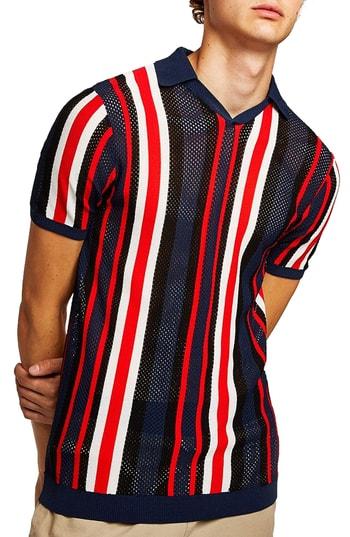 Men's Topman Classic Fit Mesh Striped Polo - Red