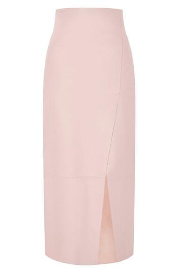 Women's Topshop Boutique Faux Leather Split Midi Skirt Us (fits Like 14) - Pink