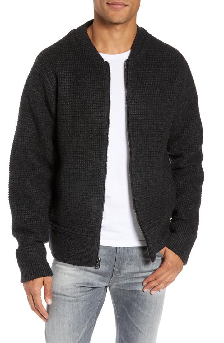 Men's Schott Nyc Waffle Stitch Zip Front Wool Blend Sweater - Black