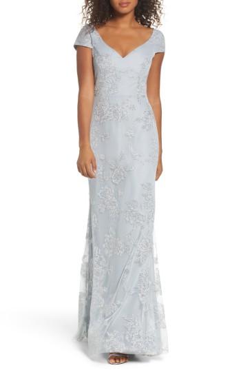 Women's Hayley Paige Occasions Embellished Bodice Net Halter Gown - Grey