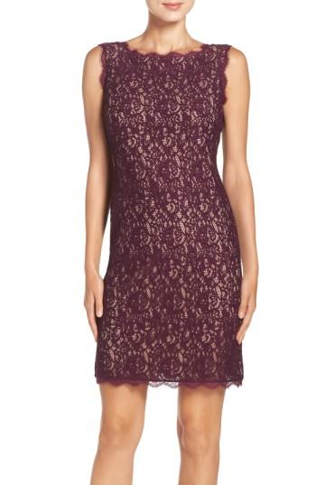 Petite Women's Adrianna Papell Boatneck Lace Sheath Dress P - Purple