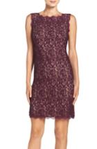 Petite Women's Adrianna Papell Boatneck Lace Sheath Dress P - Purple