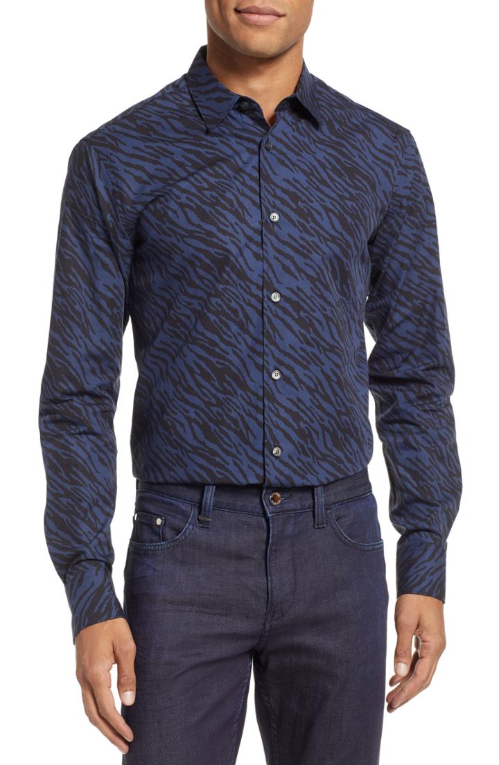 Men's Tiger Of Sweden Farrell Trim Fit Print Dress Shirt Eu - Blue