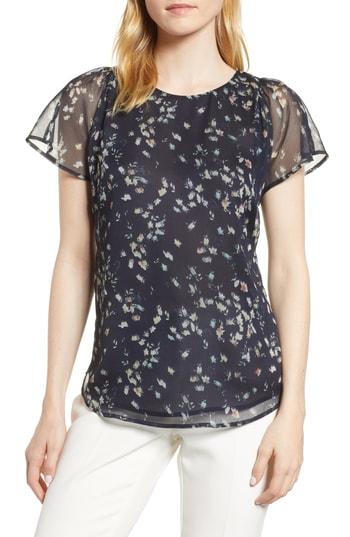 Women's Cece Floral Flutter Sleeve Textured Chiffon Blouse, Size - Black