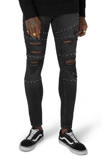 Men's Topman Studded Spray-on Biker Jeans X 32 - Black