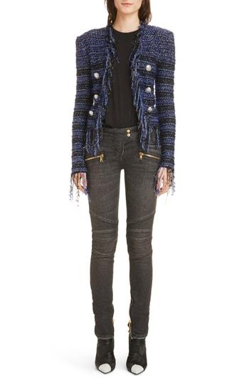 Women's Balmain Fringe Metallic Tweed Jacket Us / 38 Fr - Blue