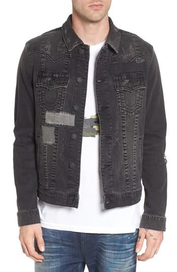 Men's True Religion Brand Jeans Jimmy Mended Backstage Denim Jacket, Size - Black