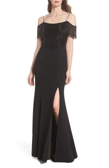 Women's Adrianna Papell Fringe Cold Shoulder Crepe Gown - Black