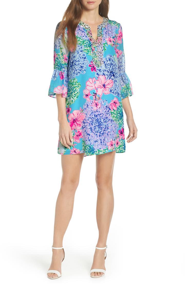 Women's Lilly Pulitzer Elenora Floral Embellished Silk Dress - Blue