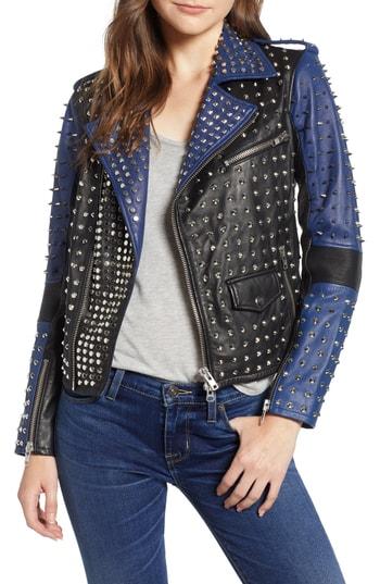 Women's Hudson Jeans Colorblock Studded Lambskin Leather Biker Jacket - Black