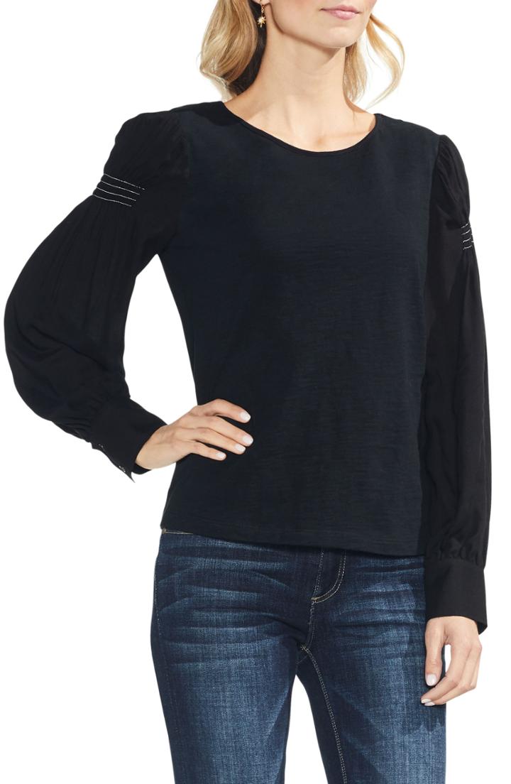 Women's Vince Camuto Smocked Shoulder Mix Media Top - Black
