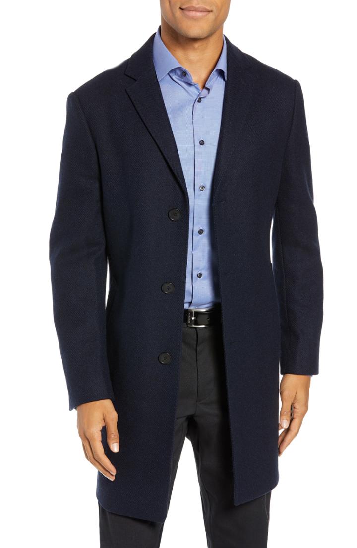 Men's John W. Nordstrom Mason Herringbone Wool & Cashmere Overcoat R - Blue