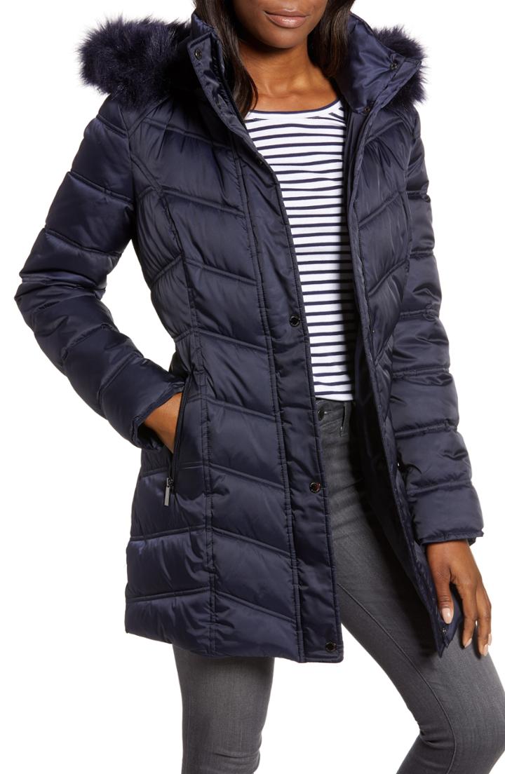 Women's Kenneth Cole New York Faux Fur Trim Puffer Jacket - Blue