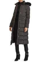 Women's Lauren Ralph Lauren Long Down Coat With Faux Fur Trim - Black