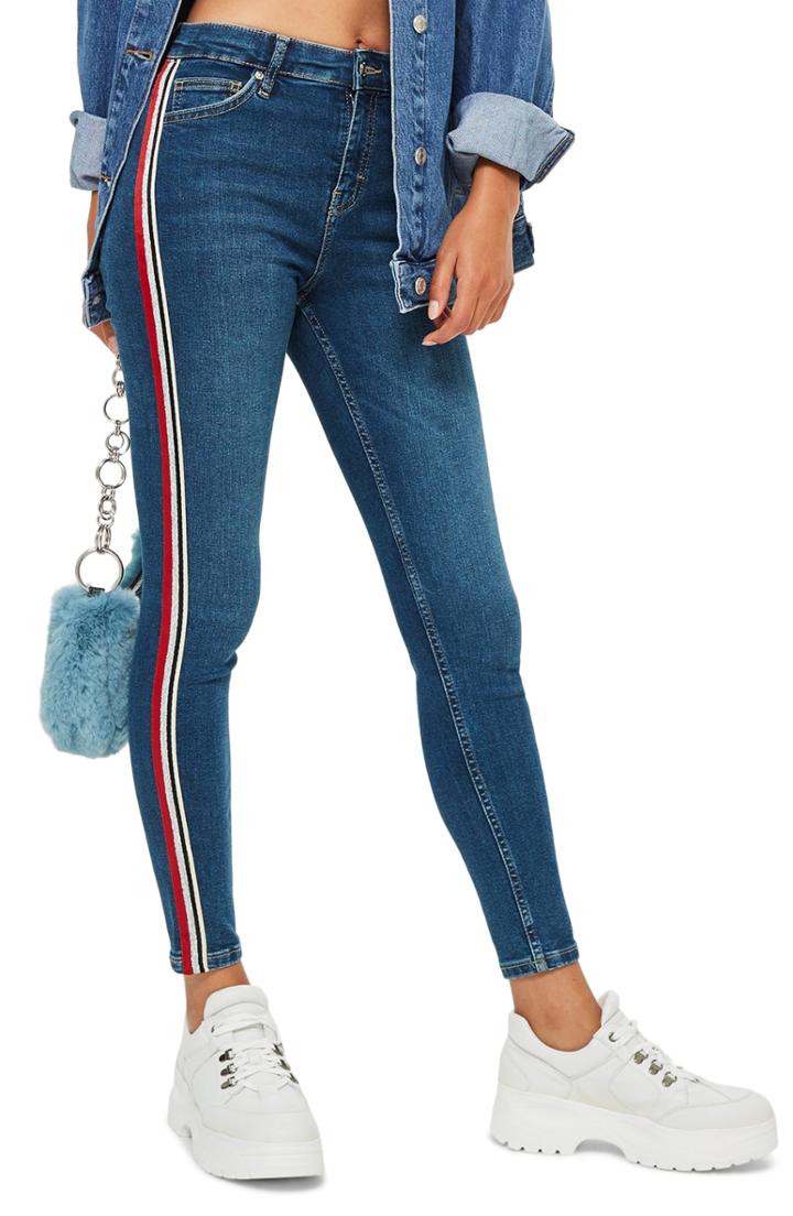 Women's Topshop Moto Jamie Side Stripe Jeans W X 30l (fits Like 27w) - Blue
