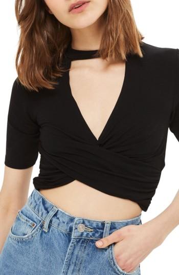 Women's Topshop Choker Twist Crop Top Us (fits Like 10-12) - Black