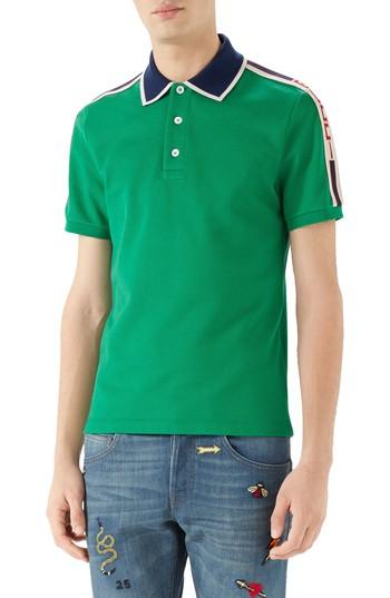 Men's Gucci Jacquard Stripe Sleeve Pique Polo - Green