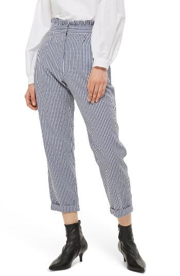 Women's Topshop Ruffle Waist Gingham Trousers Us (fits Like 0) - Blue