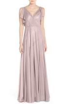 Women's Jenny Yoo 'cassie' V-neck Flutter Sleeve Shimmer Gown - Grey