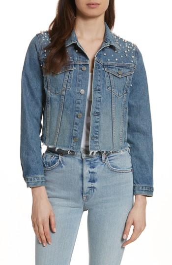 Women's Grlfrnd Faux Pearl & Crystal Embellished Crop Denim Jacket - Blue