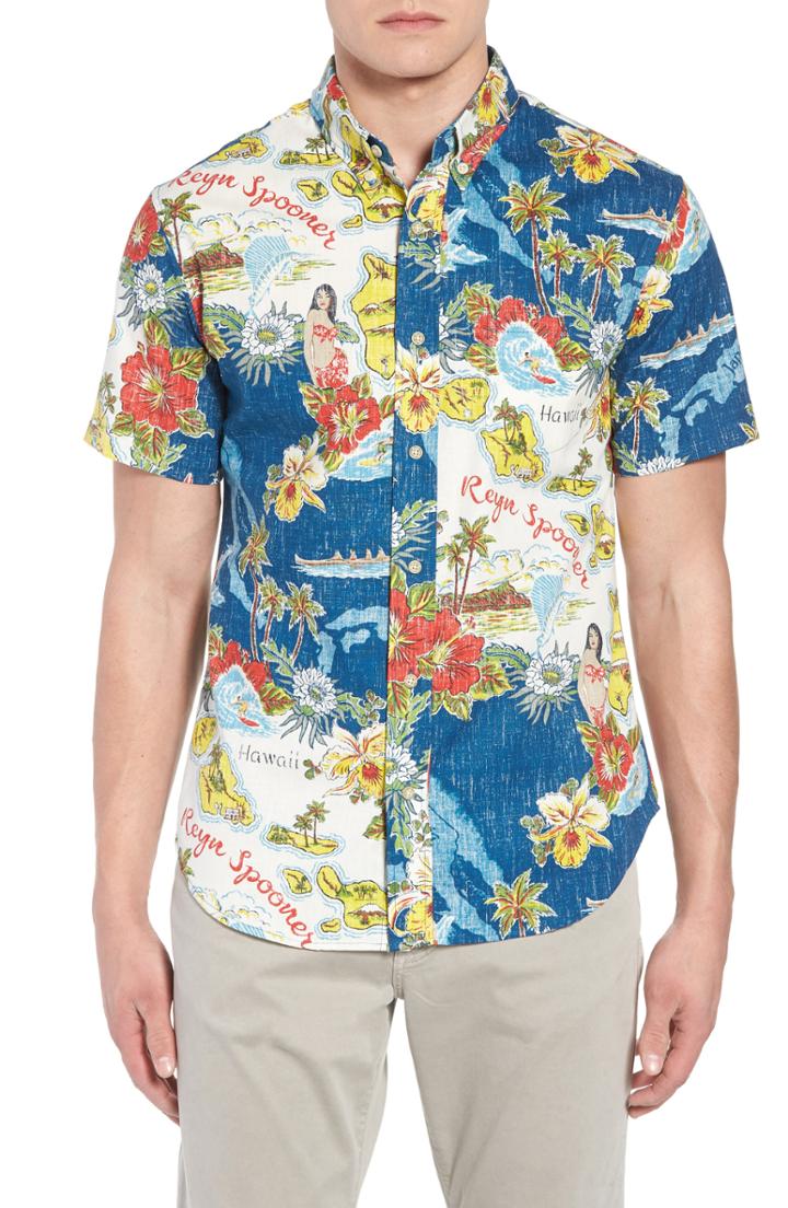 Men's Reyn Spooner Status Oceanic Tailored Fit Print Sport Shirt, Size - Blue