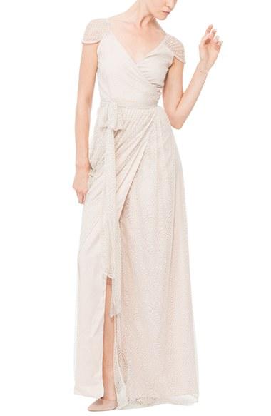 Women's Ceremony By Joanna August 'newbury' Gathered Sleeve Lace Wrap Gown