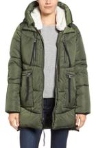 Women's Steve Madden Hooded Puffer Jacket With Faux Shearling Trim - Green
