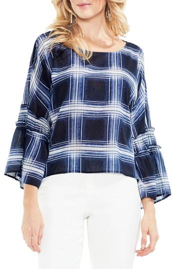 Women's Vince Camuto Shadow Plaid Pleated Sleeve Blouse, Size - Black