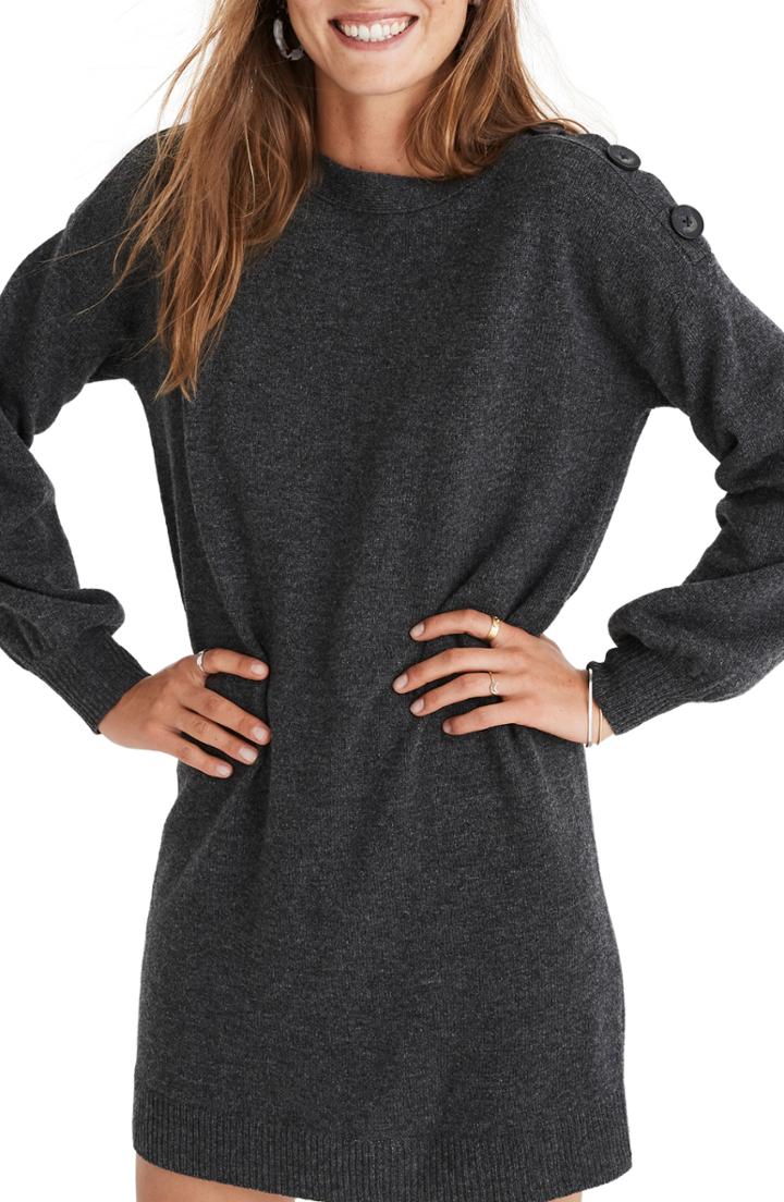 Women's Madewell Boat Neck Button Shoulder Sweater Dress - Blue