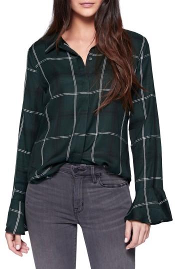 Women's Sanctuary Nightscape Plaid Ruffle Cuff Shirt - Green